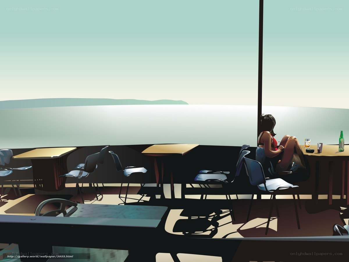 Woman at seaside cafe