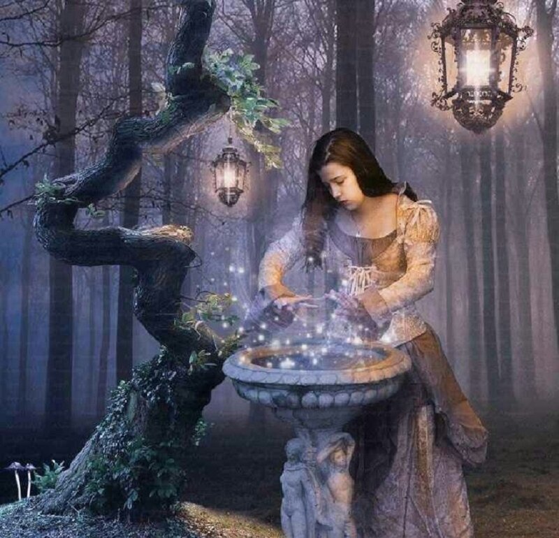 Woman at Stone Fountain — Blue