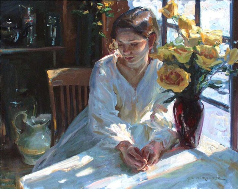 Woman at Table with Flowers — White