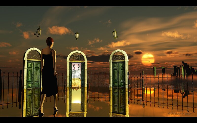Woman at three doors at sunset