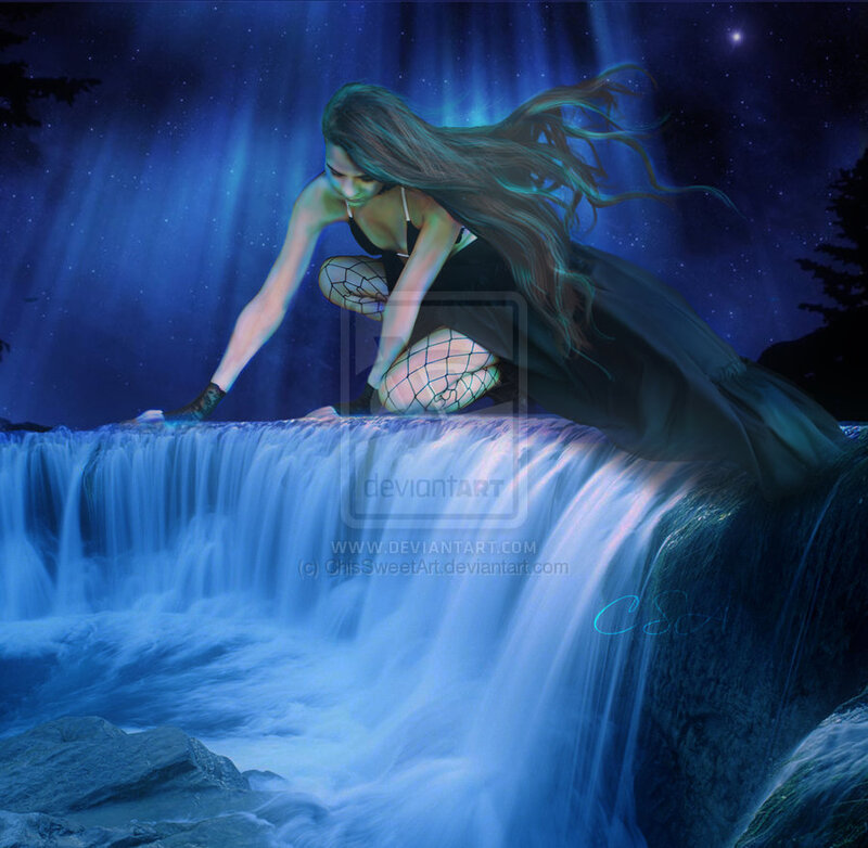 Woman at Waterfall — Blue