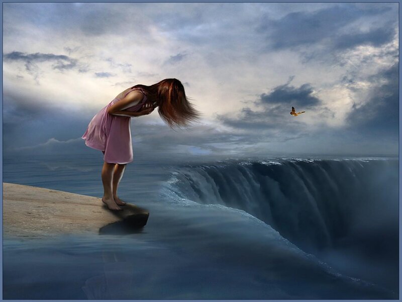 Woman at Waterfall Edge — Blue