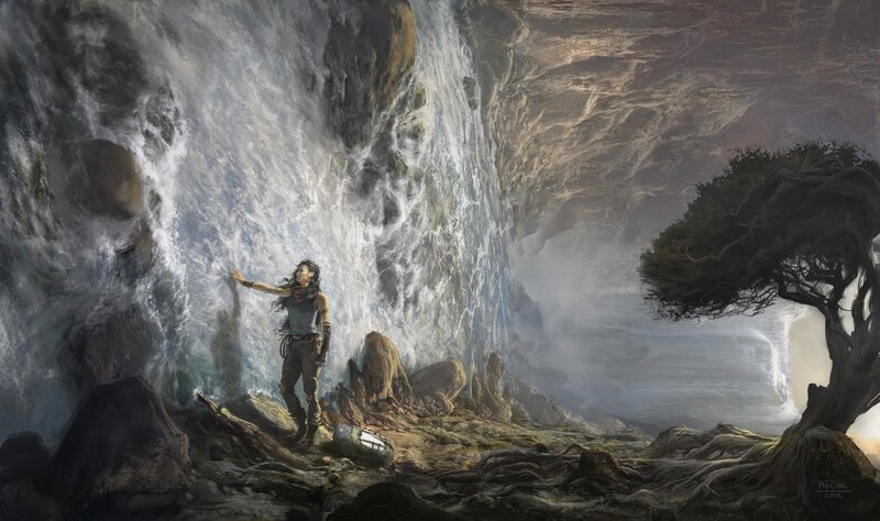 Woman at Waterfall — Gray, Dramatic, Digital Art, Tree, Rocks