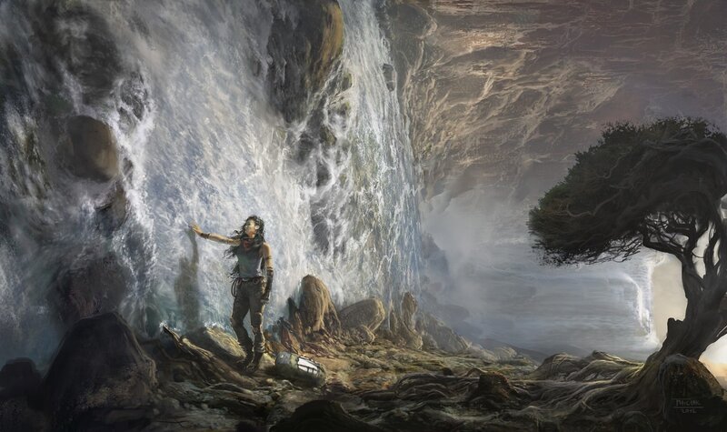 Woman at Waterfall — Gray, Dramatic, Digital Art, Tree