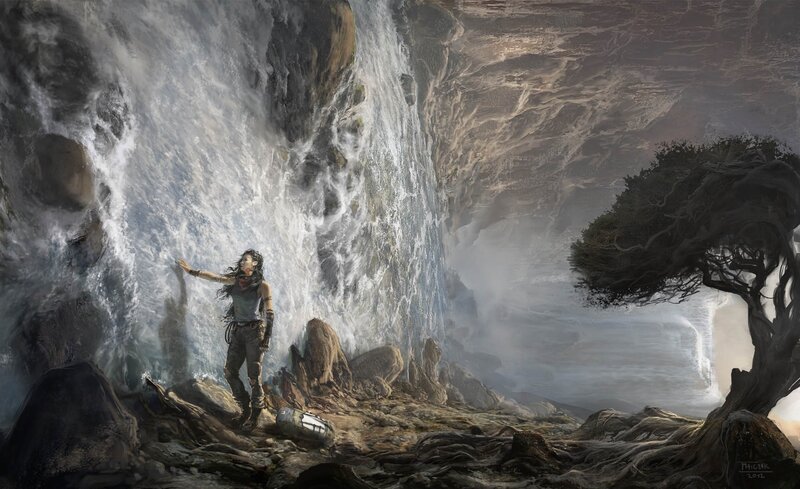 Woman at Waterfall — Gray, Dramatic