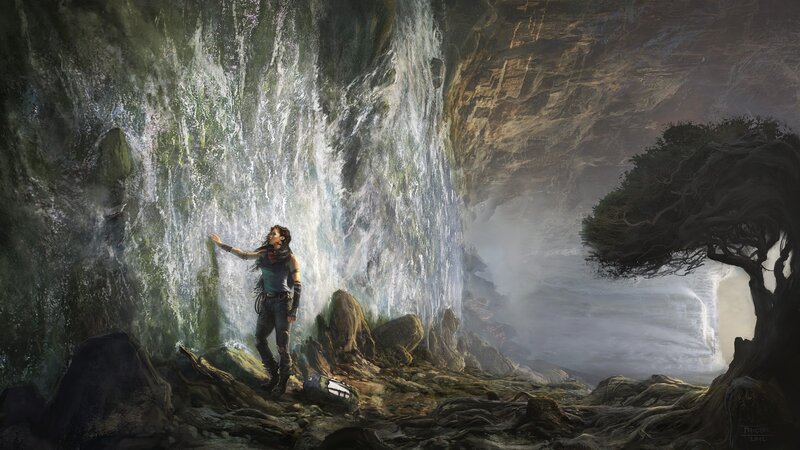 Woman at Waterfall — Green, Dramatic