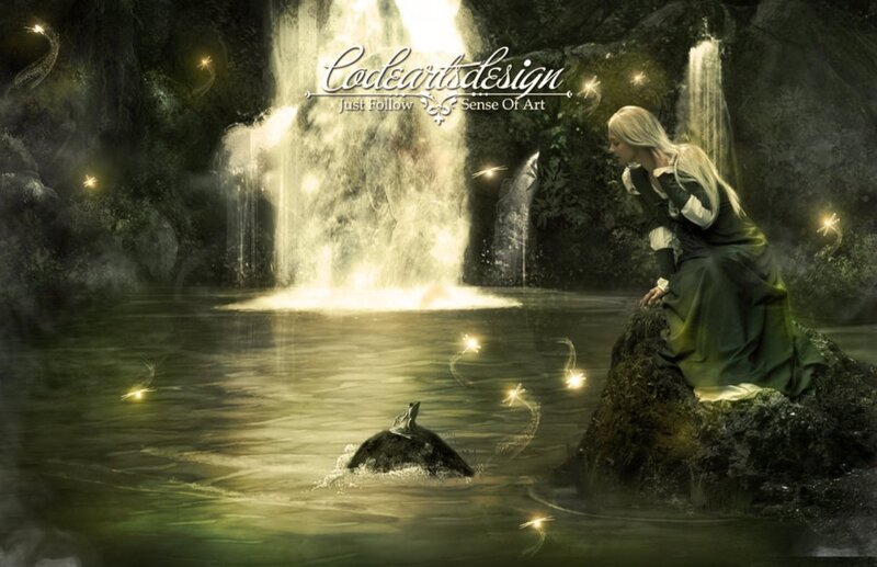 Woman at Waterfall — Green, Mystical