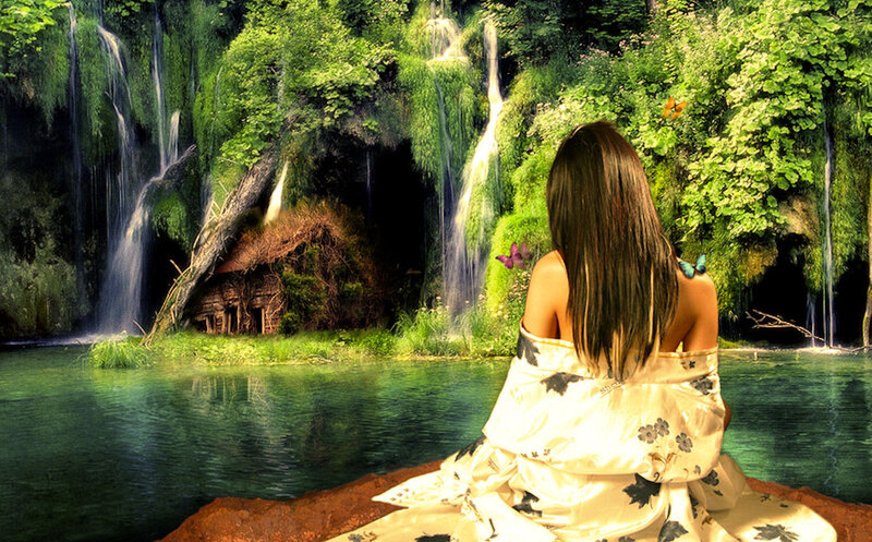 Woman at Waterfall — Green, Serene