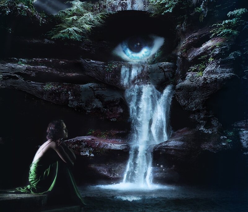 Woman at Waterfall — Green