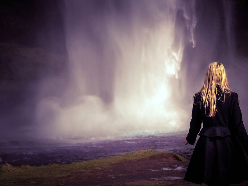 Woman at Waterfall — Purple, Dramatic