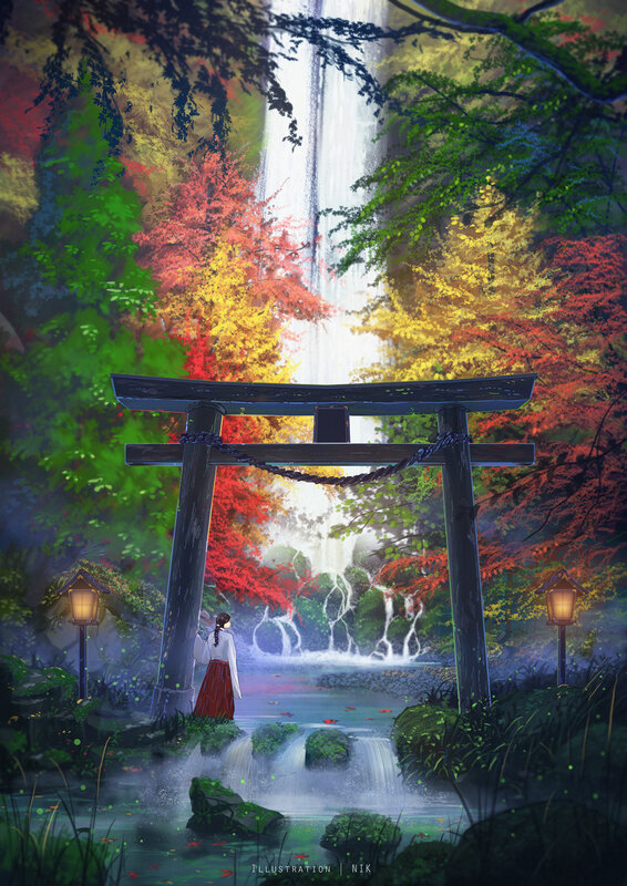 Woman at Waterfall Shrine