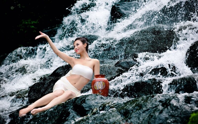 Woman at Waterfall — White