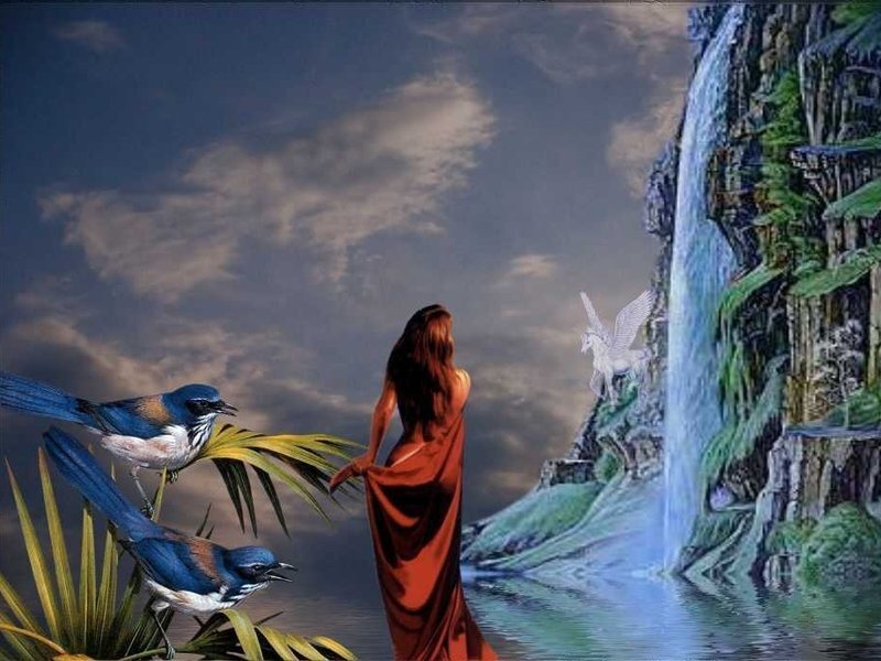 woman at waterfall with birds