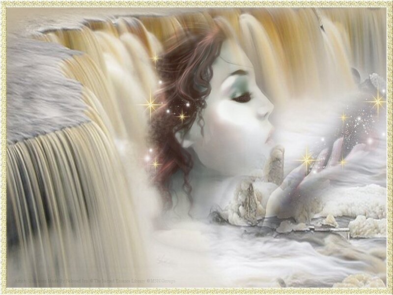 woman at waterfall with sparkles