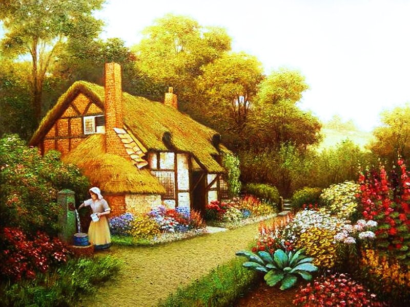 Woman at Well by Cottage