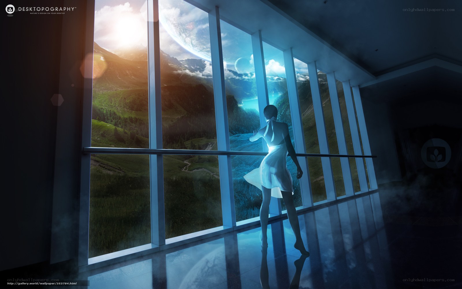 Woman at window overlooking alien landscape