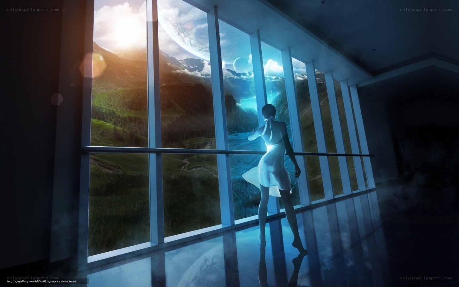 Woman at window overlooking alien landscape