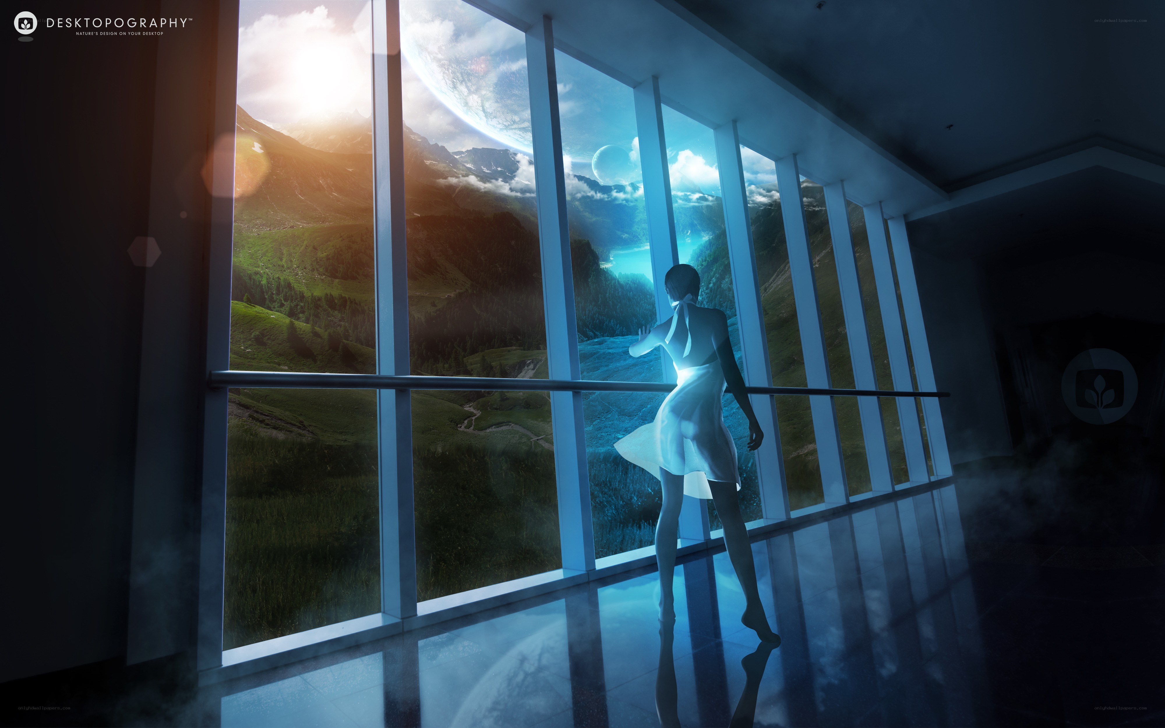 woman at window overlooking mountains