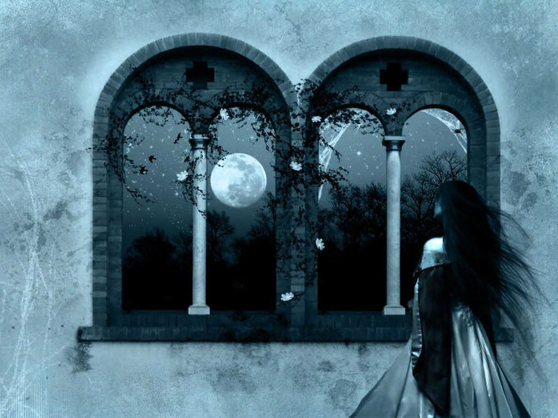 woman at window under moonlight