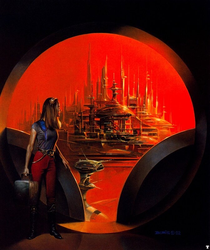 woman at window with alien city