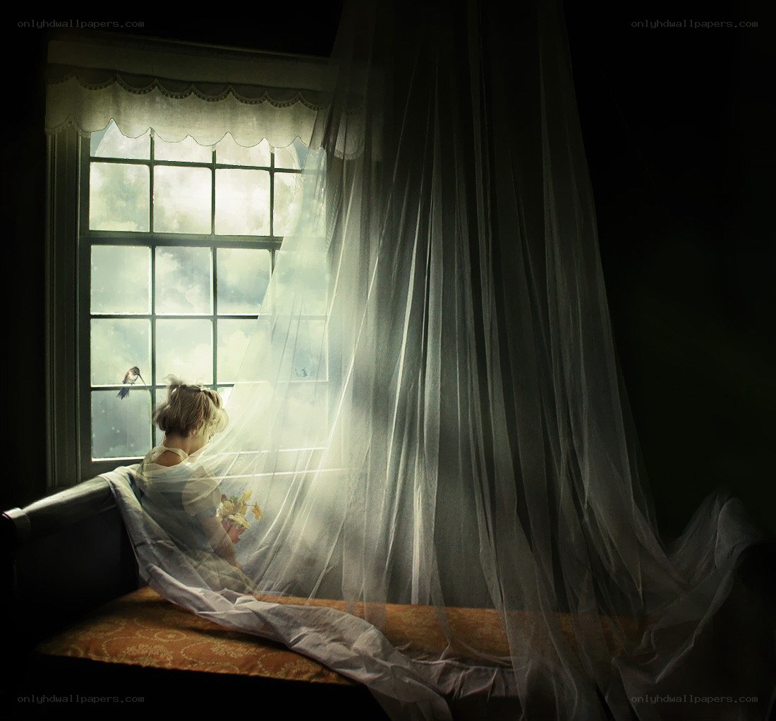woman at window with bird