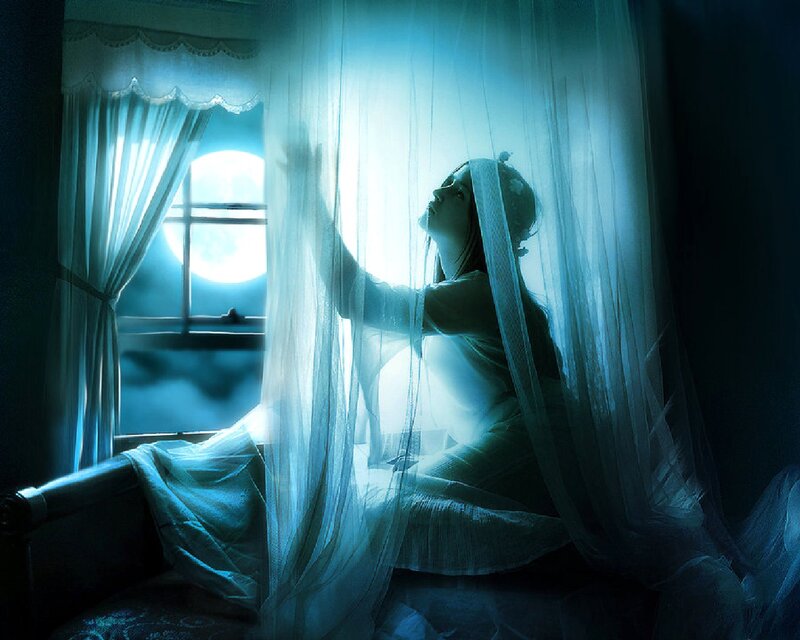 woman at window with moonlight