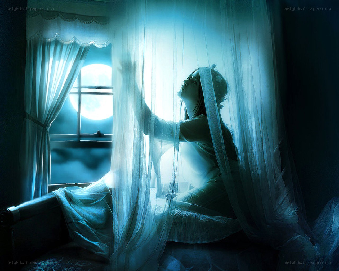 woman at window with moonlight
