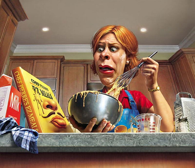 woman baking with exaggerated expression