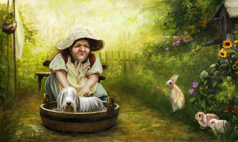 Woman Bathing Dog