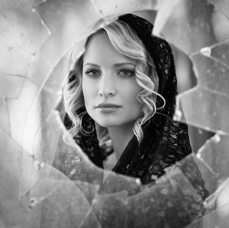 Woman Behind Broken Glass — Black, Dramatic