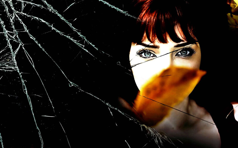 Woman Behind Cracked Glass — Black, Dramatic, Photograph