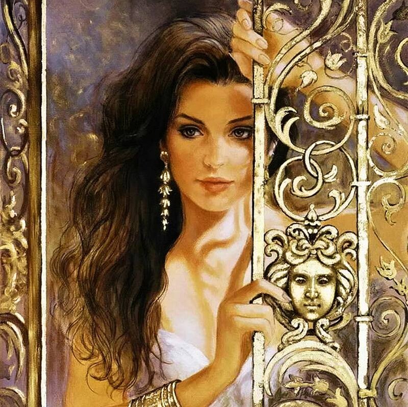 Woman Behind Ornate Gate — Brown, Dramatic