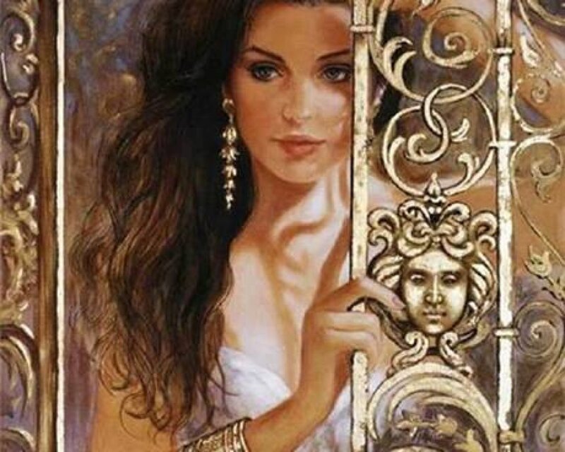Woman Behind Ornate Gate — Brown
