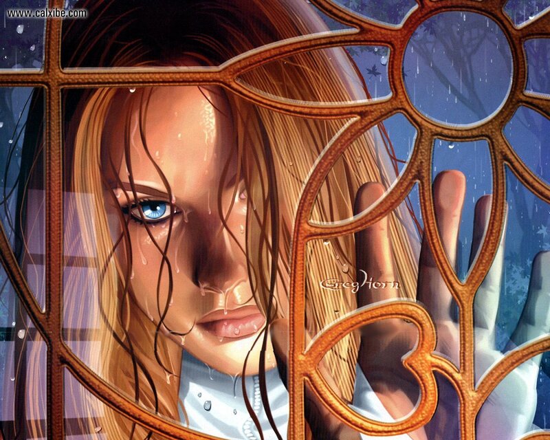 woman behind stained glass window