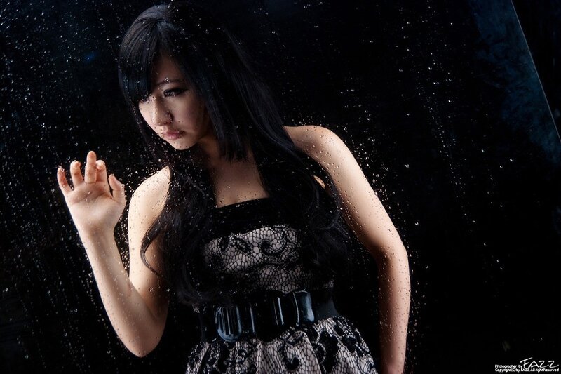Woman Behind Wet Glass — Black, Dramatic, Night