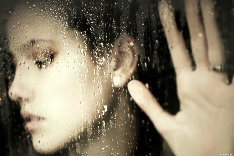 Woman Behind Wet Glass — Black, Dramatic, Photograph, Hand, Raindrops