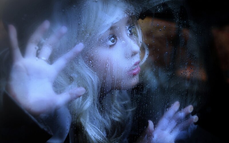 Woman Behind Wet Glass — Blue, Dramatic, Night, Photograph, Raindrops