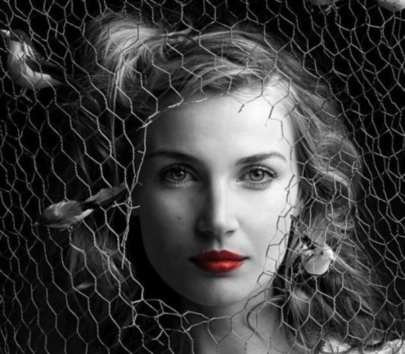 Woman Behind Wire Mesh — Black, Dramatic