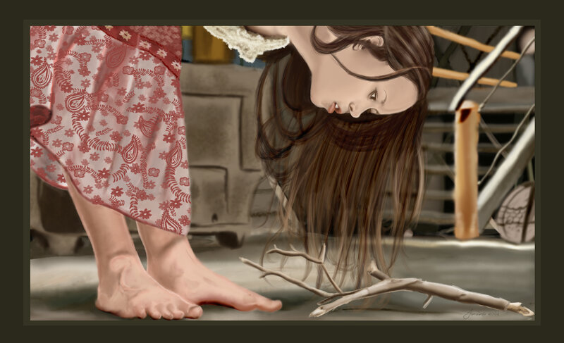 woman bending over with branch