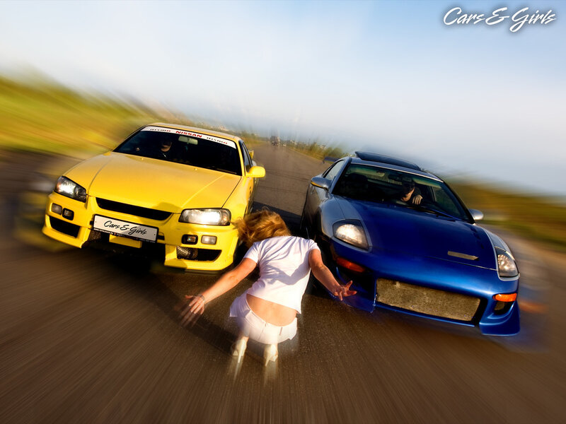 Woman Between Two Cars — Yellow, Dynamic