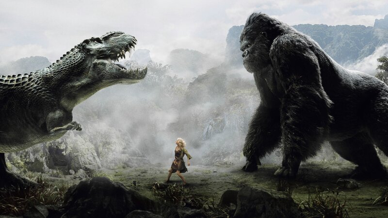 Woman Between Two Giants — Gray, Dramatic