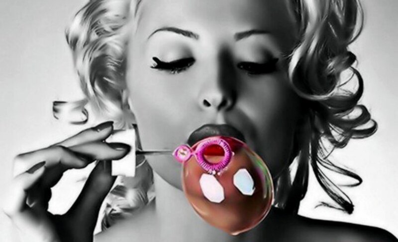 Woman Blowing Bubble Gum — Black, Dramatic