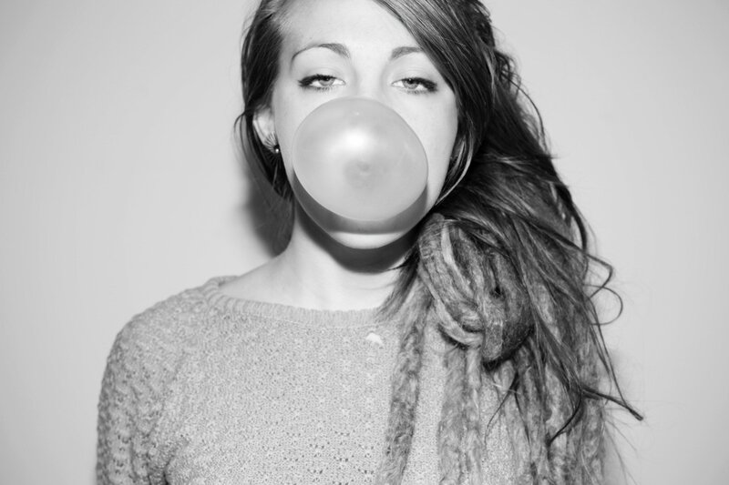 Woman Blowing Bubble Gum — Black, Neutral, Photograph
