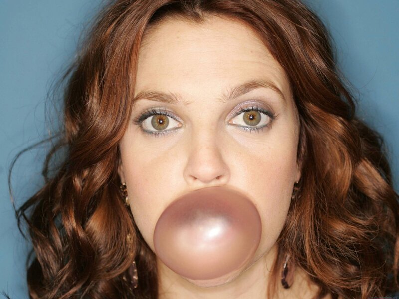Woman Blowing Bubble Gum — Brown, Playful, Photograph