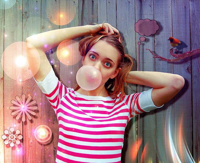 Woman Blowing Bubble Gum — Pink, Playful, Digital Art