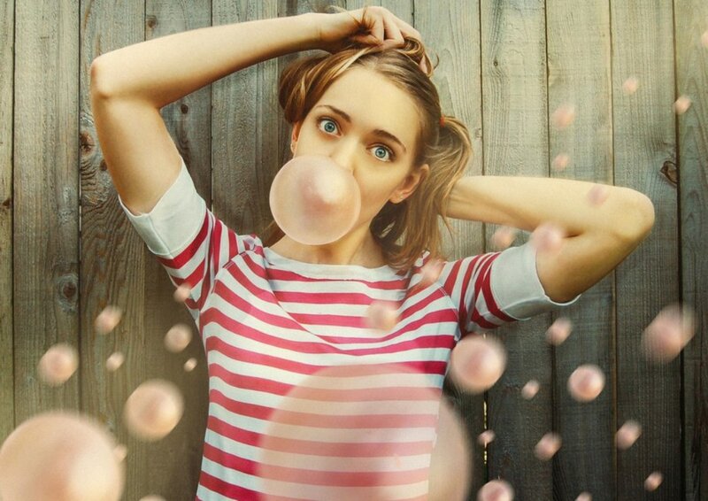 Woman Blowing Bubble Gum — Red