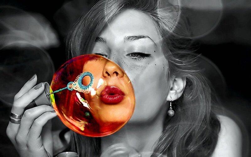 Woman Blowing Bubble — Red