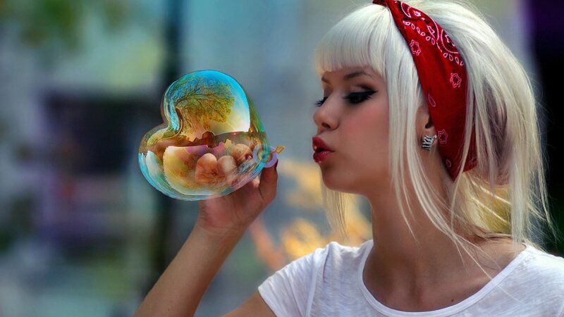 Woman Blowing Bubble — White, Playful