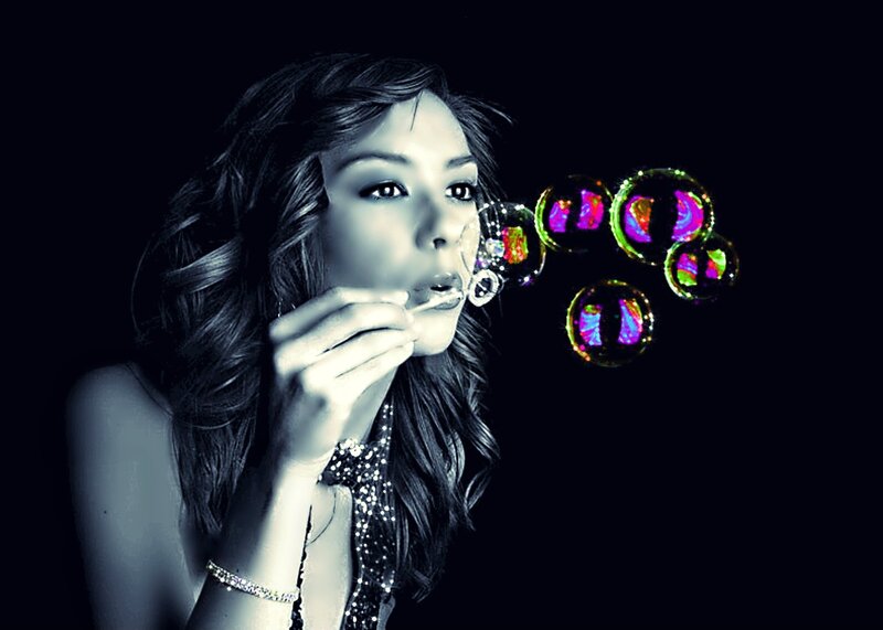 Woman Blowing Bubbles — Black, Dramatic, Night