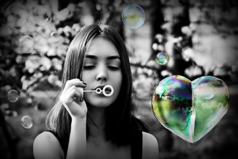 Woman Blowing Bubbles — Black, Dreamy, Photograph